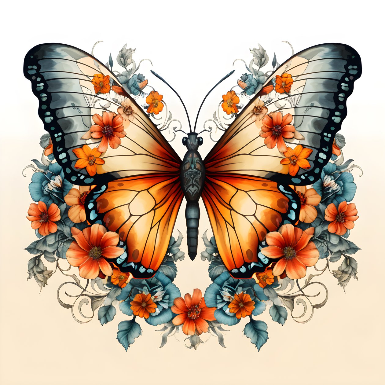 Schmetterling in der Mitte, symmetrisch, mit Blumen im Hintergrund 3 von Kurt Heppke