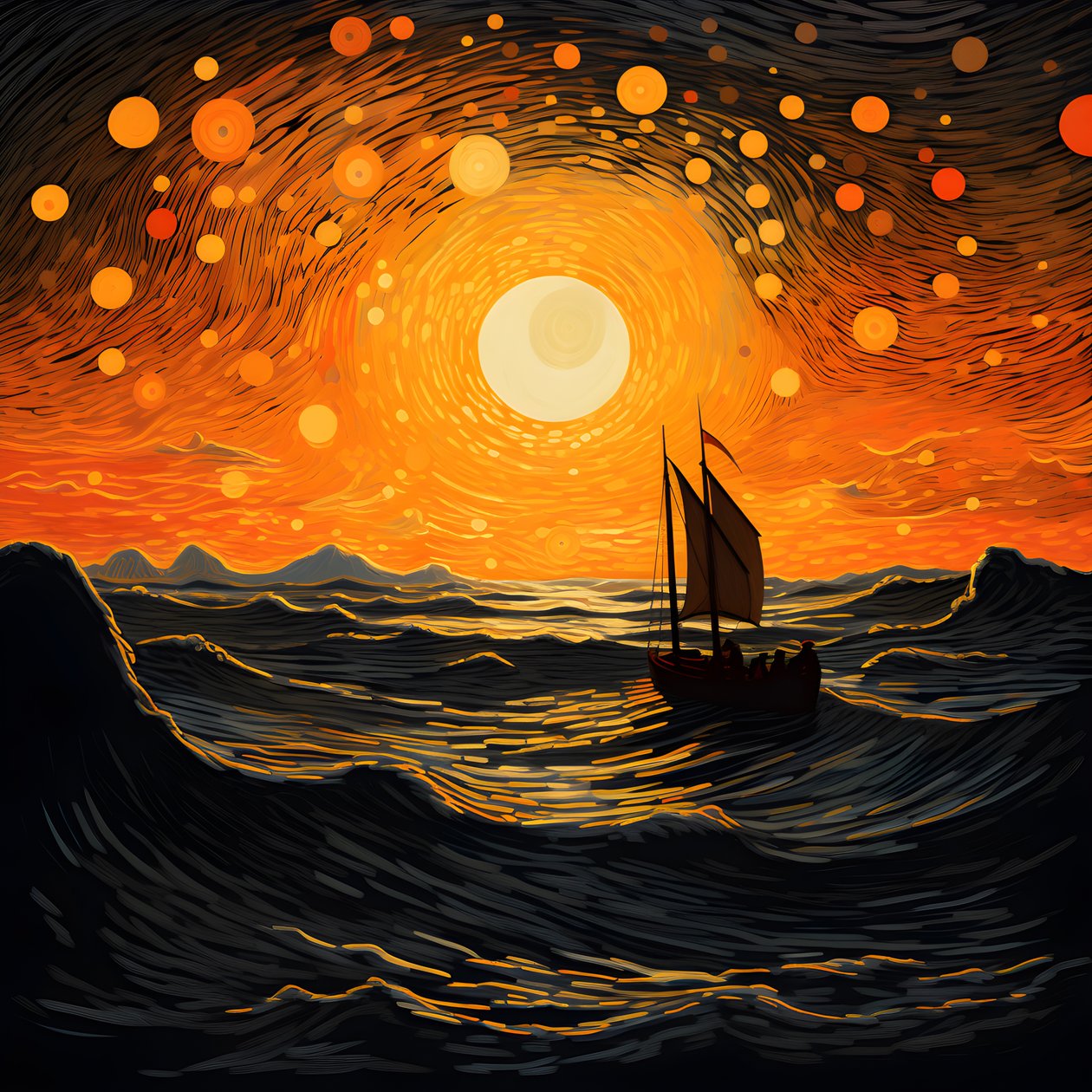 Sonnenuntergang, orange-gelbe Sonne, Wolken, fünf rotierende Kreise von Wolken in einem großen Himmel, punktförmige Wellen und orange-gelbe Sonnenuntergangswolken, die sich auf den Wellen spiegeln, ein Boot fährt aufs Meer hinaus 4 von Kurt Heppke