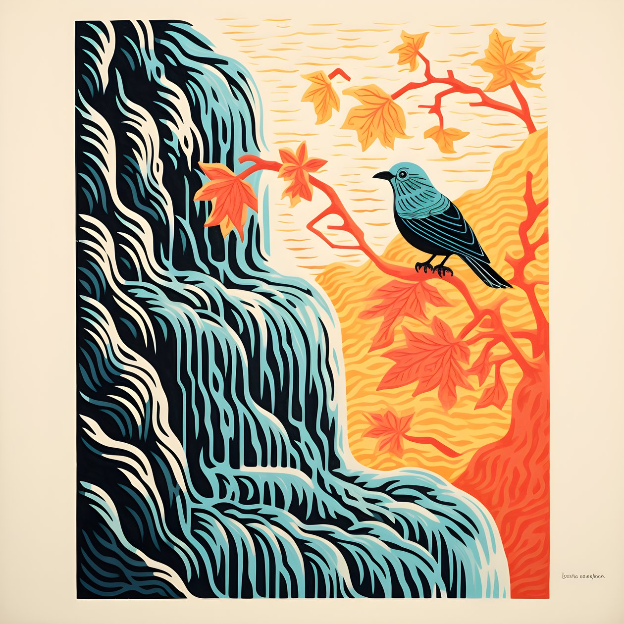 Ultra-minimalistische Illustration eines bunten tropischen Vogels, der auf einer verzweigten Pflanze vor einem Gebirgsbach mit einem schönen Wasserfall sitzt von Kurt Heppke