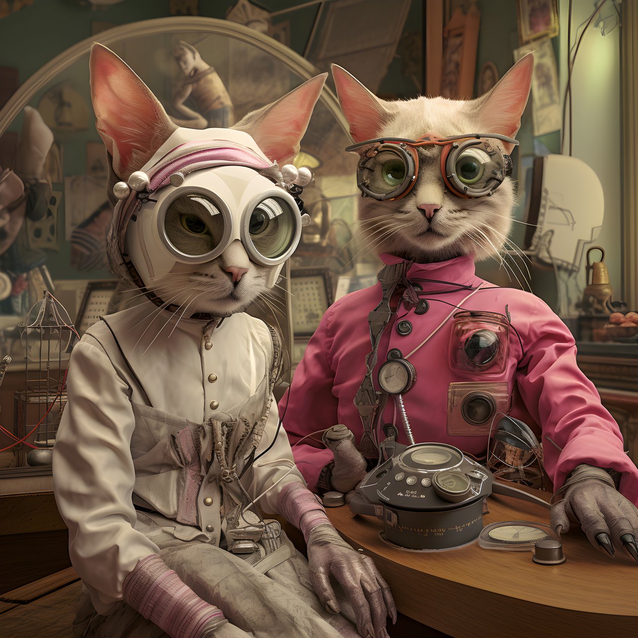 Zwei anthropomorphe Katzen, Kater und Katze, Kubrickian Synthetic von Kurt Heppke