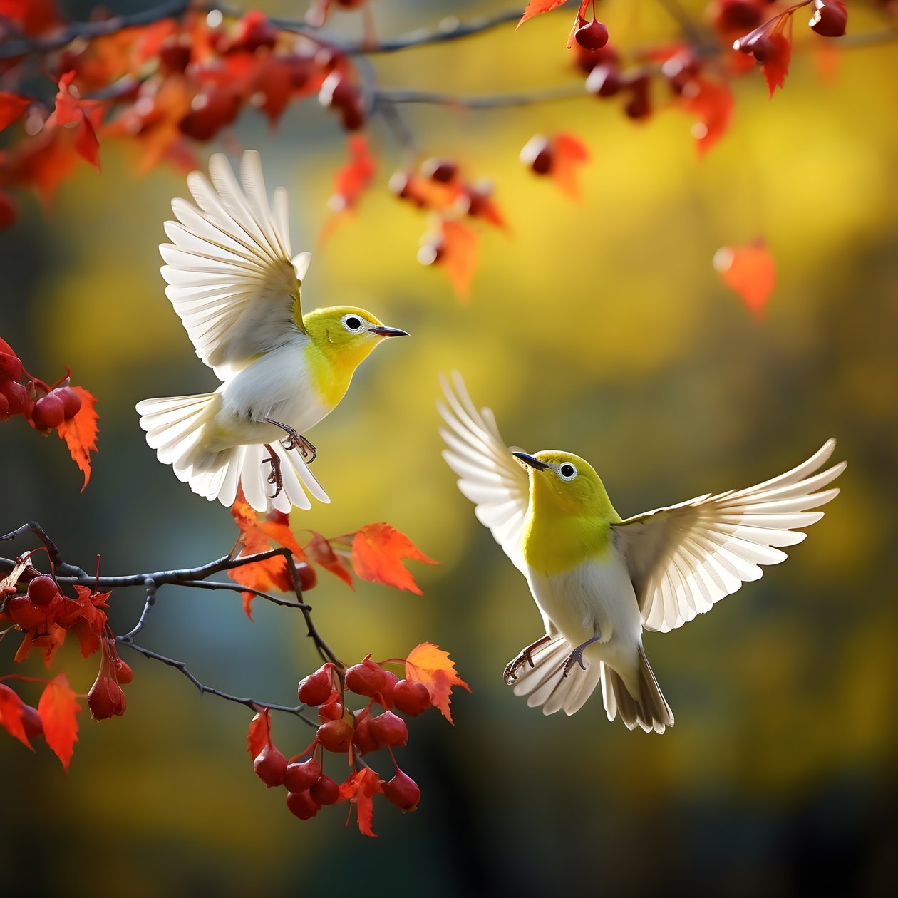 Zwei super süße grüne Weißaugenvögel spreizen ihre Flügel und fliegen in den herbstlichen Ahornblättern von Kurt Heppke