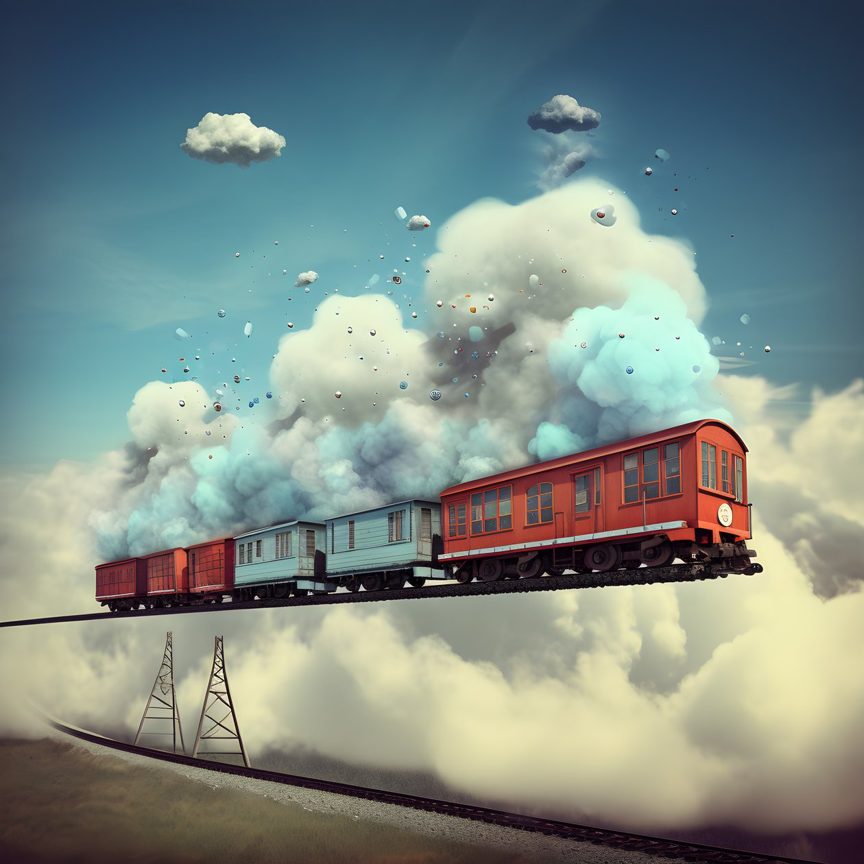 Ein schnell fahrender Social-Media-Zug, der durch die Wolken fliegt und an einem Faden hängt 3 von Kurt Heppke