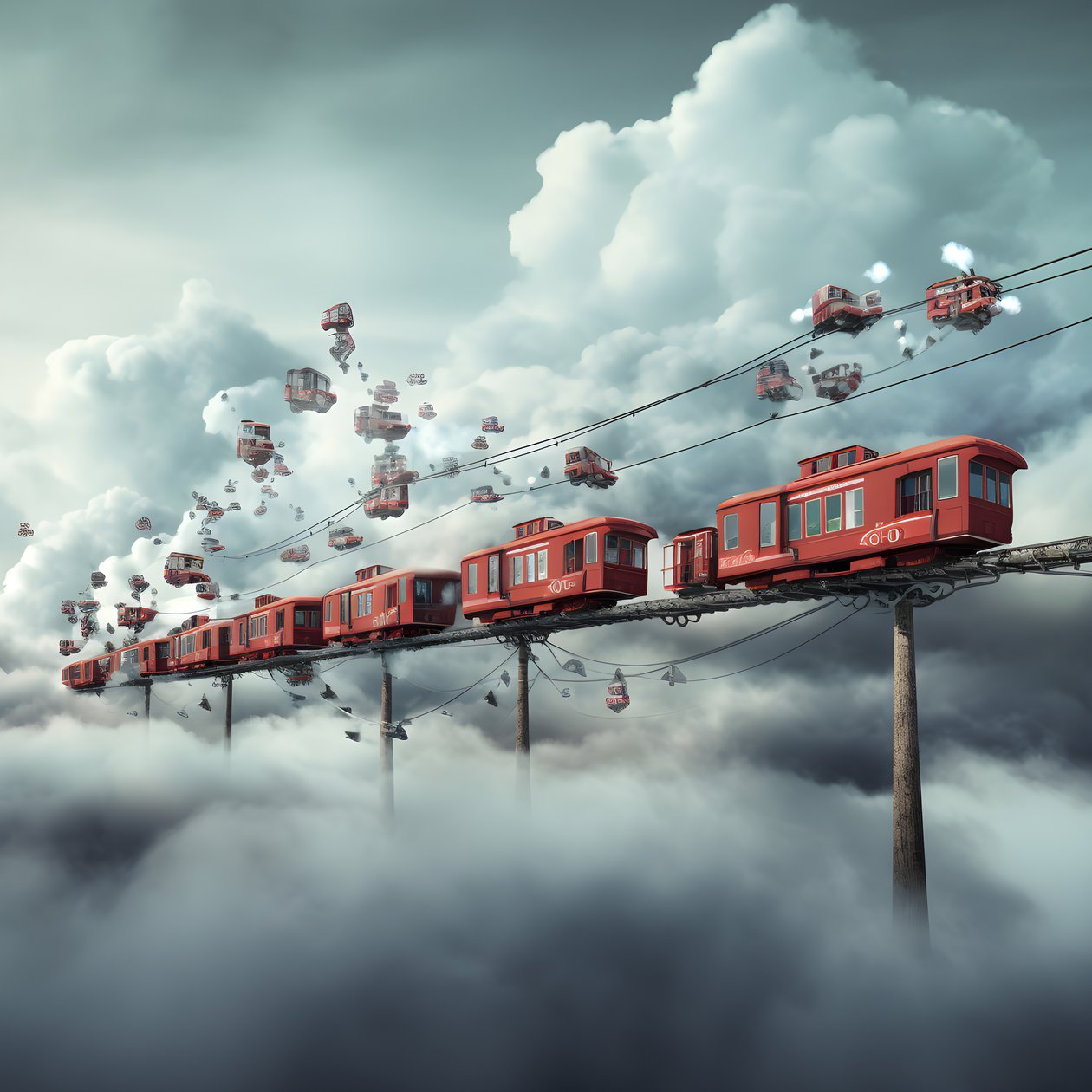 Ein schnell fahrender Social-Media-Zug, der durch die Wolken fliegt und an einem Faden hängt 4 von Kurt Heppke