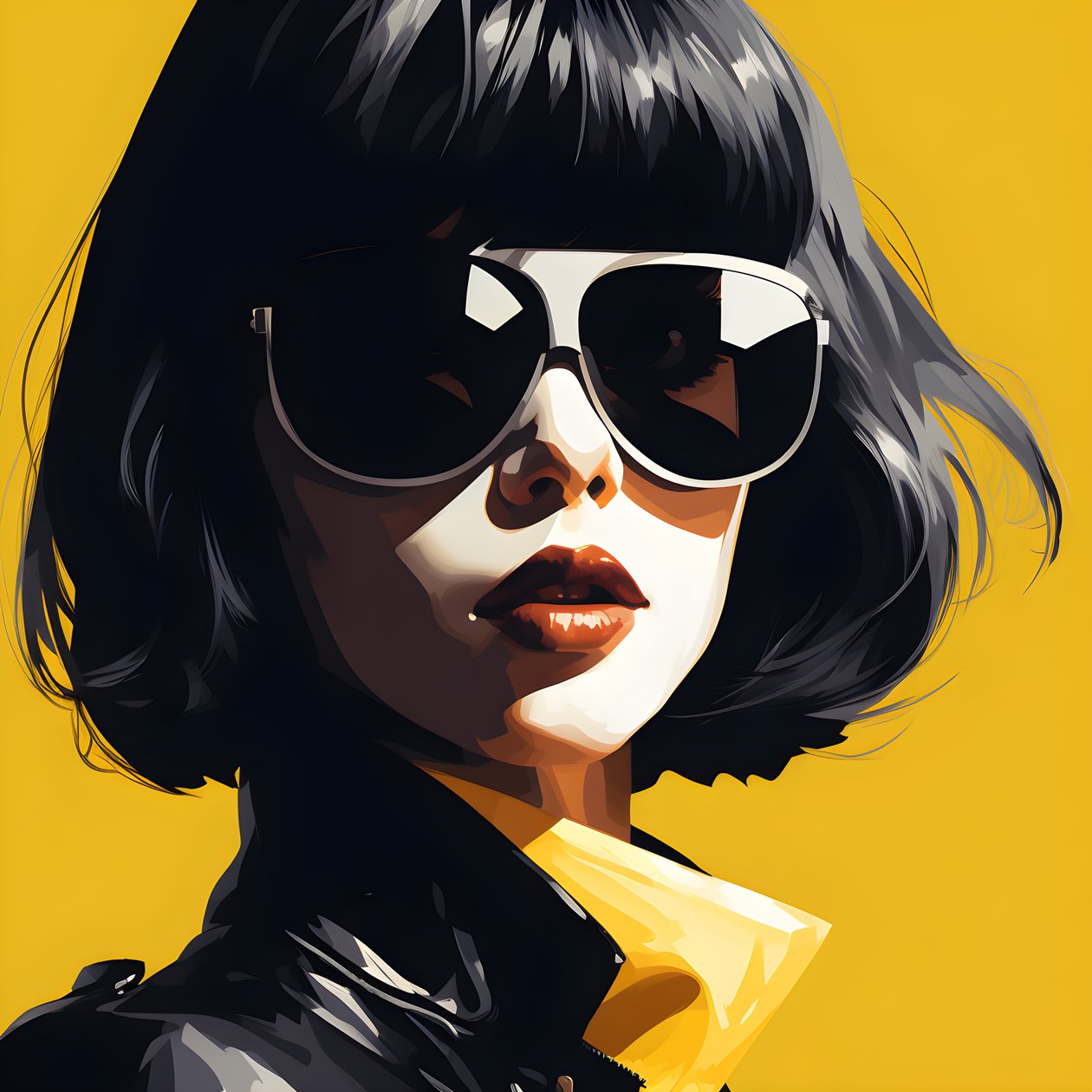 Eine Illustration eines Mädchens mit gelber Sonnenbrille, Haaren im Gesicht und Ohren, im Stil der Film-Noir-Ästhetik 3 von Kurt Heppke