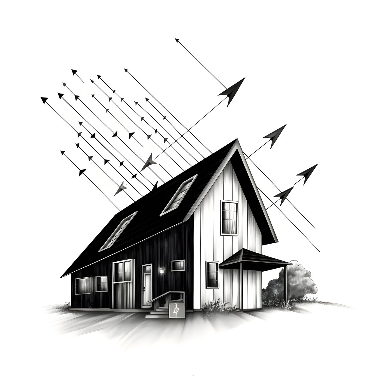 Illustration eines Hauses mit Solarpanelen, mit einem großen Pfeil dahinter, der nach rechts und oben zeigt von Kurt Heppke