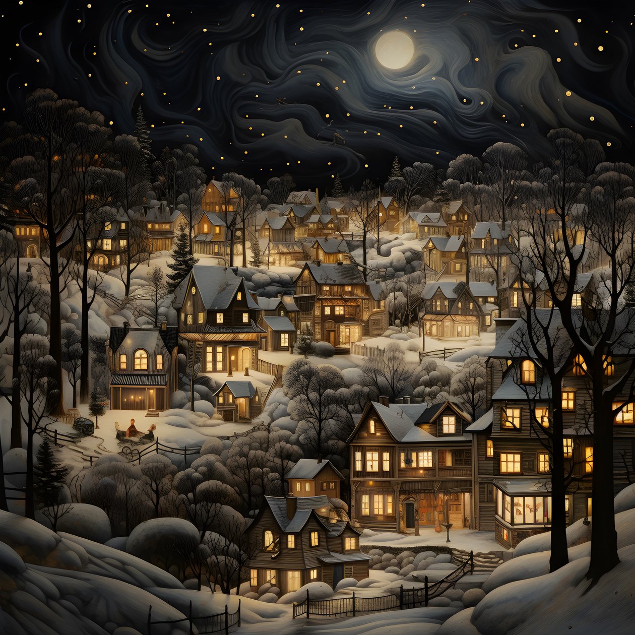 Ein Dorf bei Nacht unter verschneiten Bäumen von Kurt Heppke