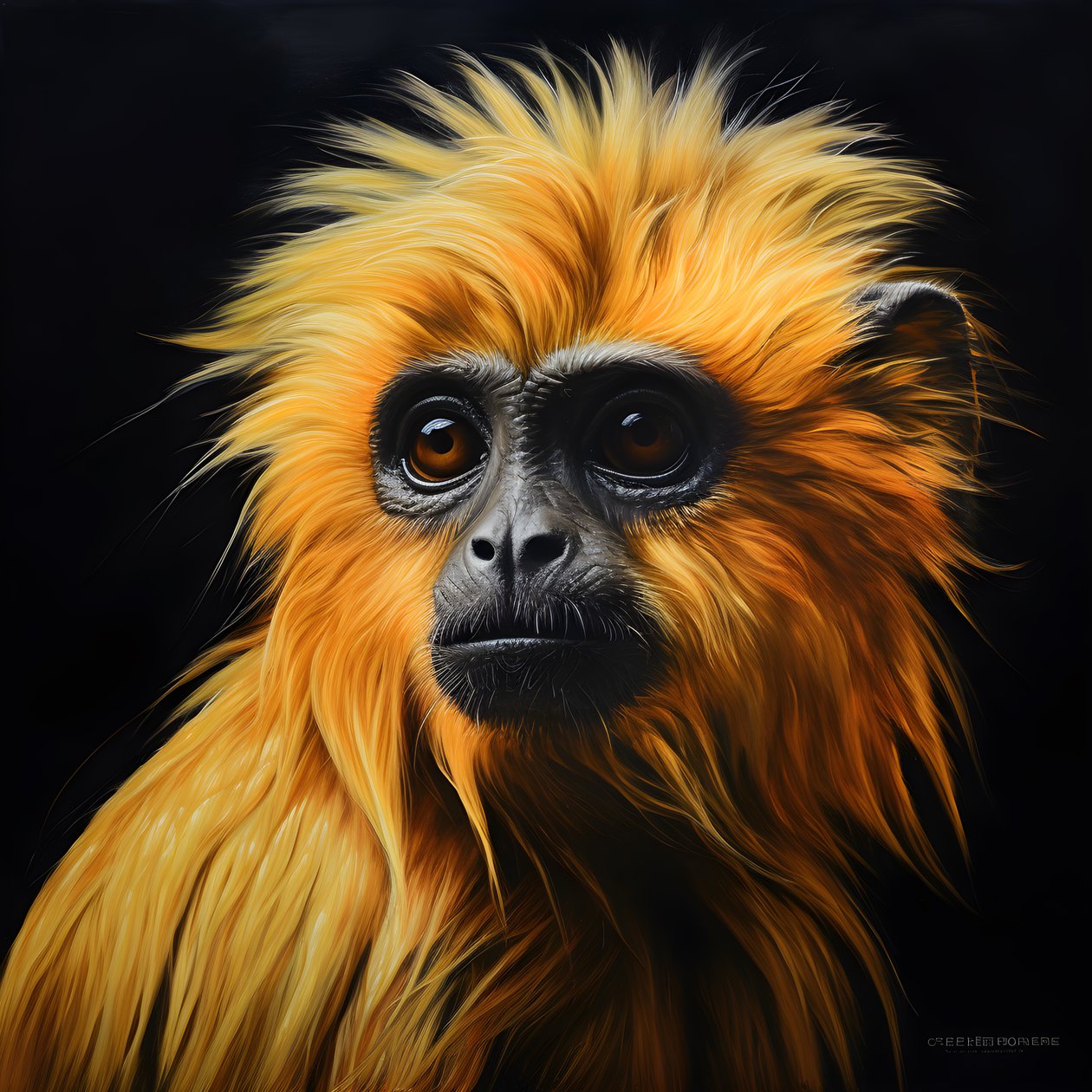 Ein Gemälde des Gesichts eines Goldlangurs mit schwarzem Hintergrund 4 von Kurt Heppke