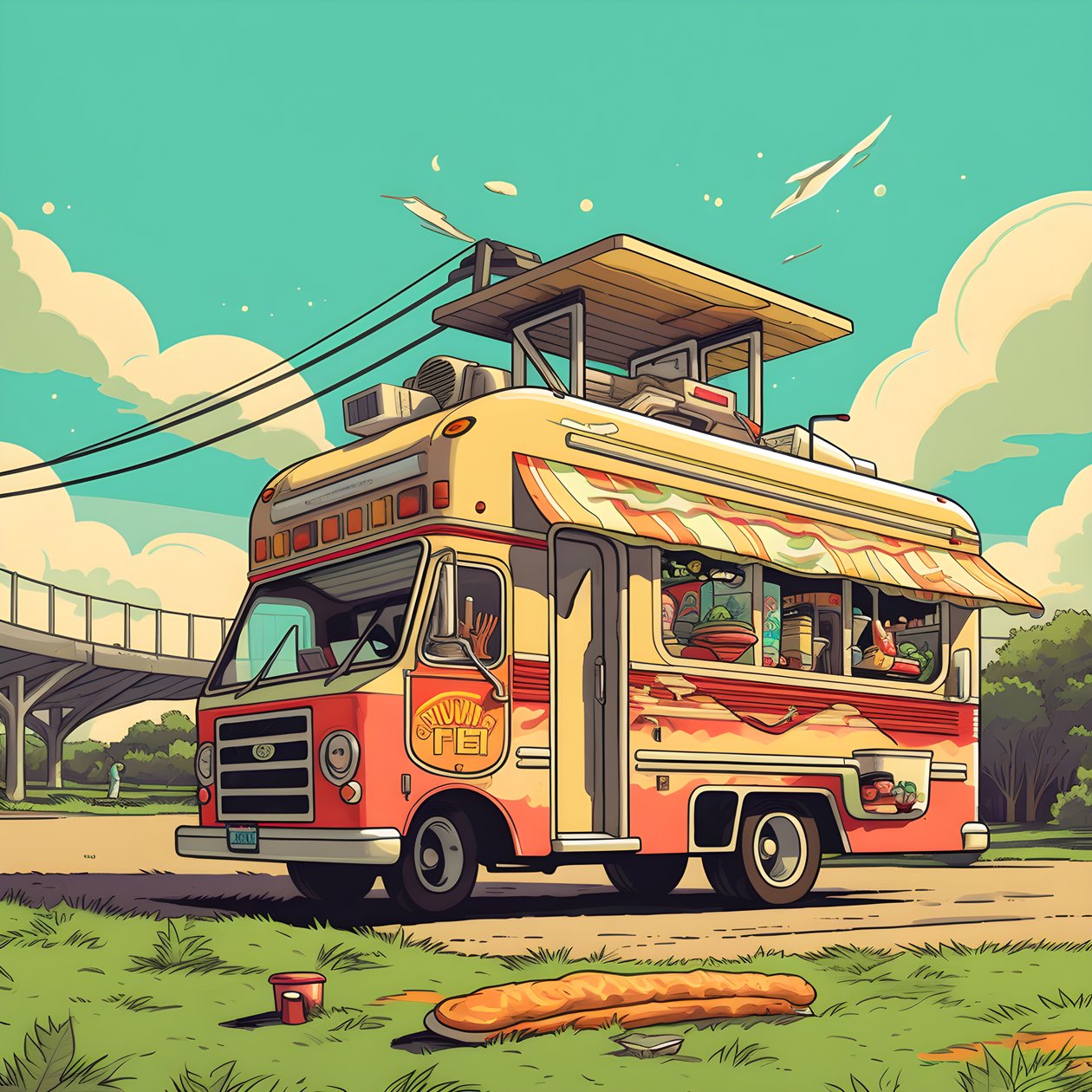 Künstlerisches Veranstaltungsplakat für Food Trucks in einem Skatepark in Nordkalifornien von Kurt Heppke
