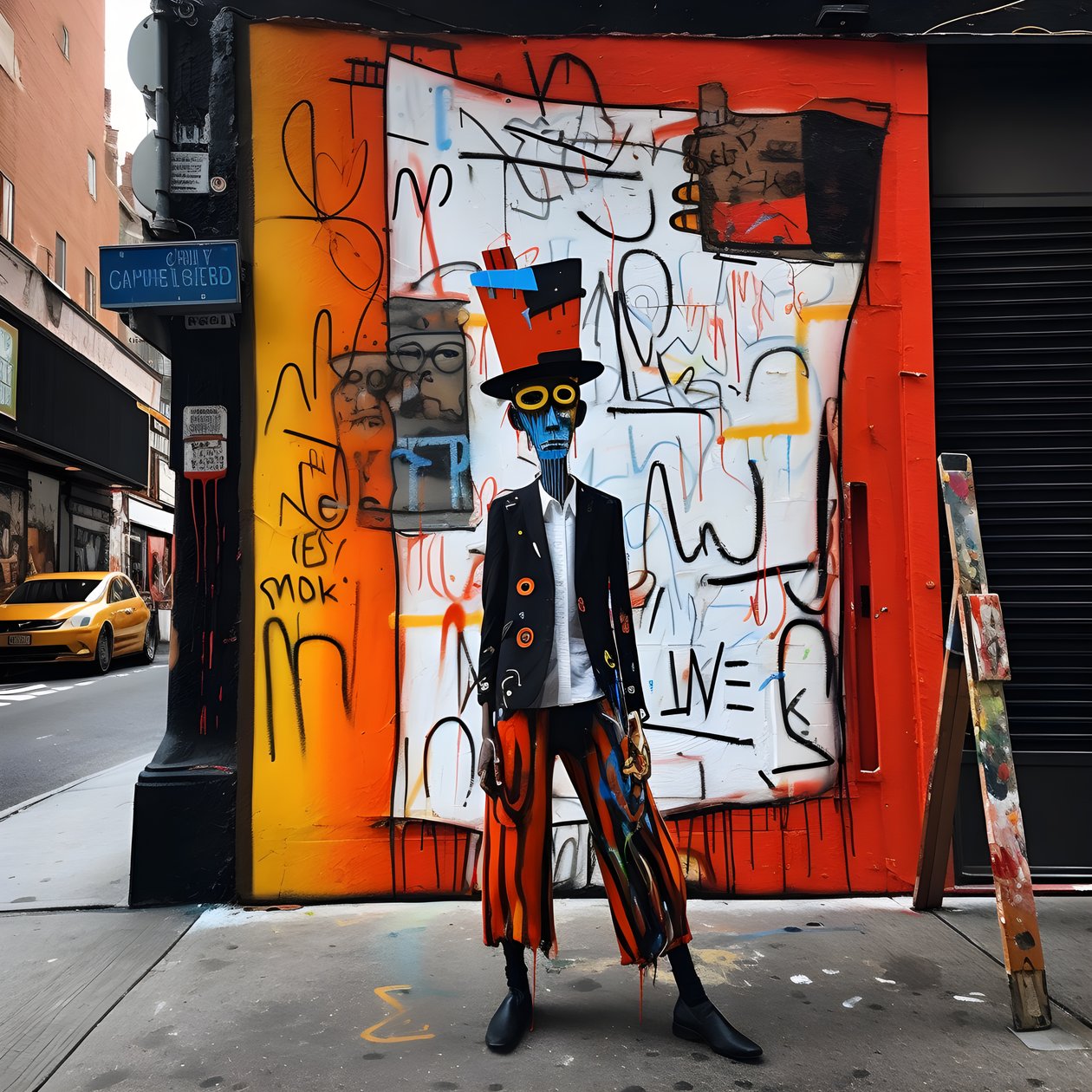 Eine gemalte Figur wird lebendig, als sie eine Straße in New York entlangläuft, surreales Foto von Kurt Heppke