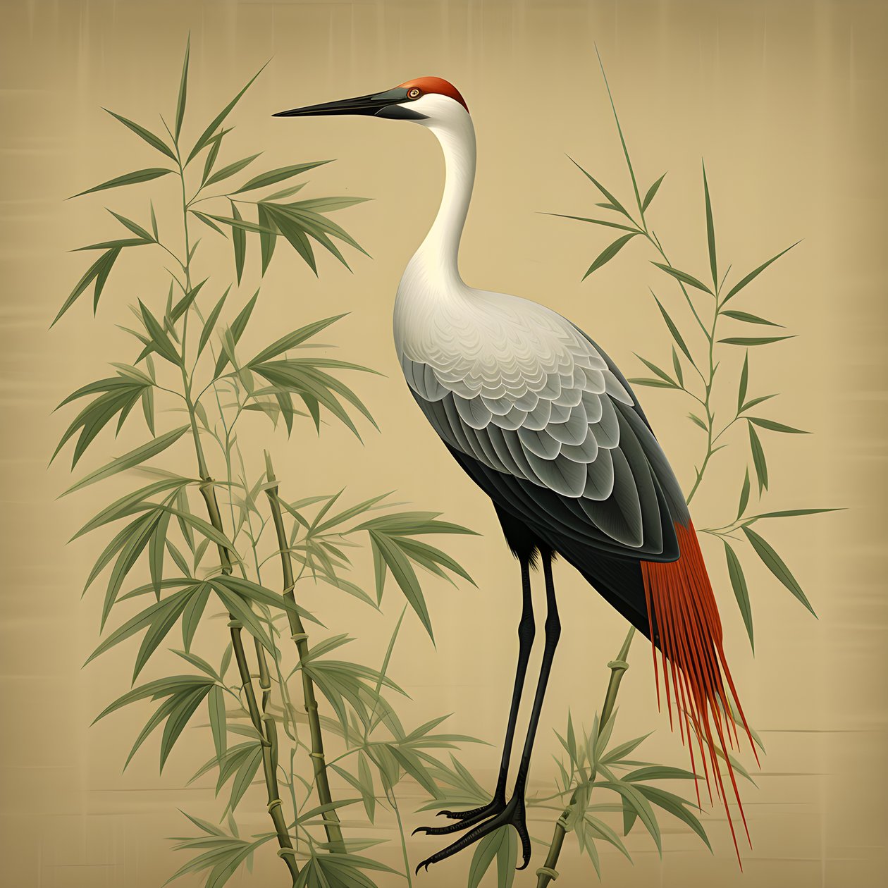 Eine schöne japanische Illustration eines Kranichs und Bambus 2 von Kurt Heppke