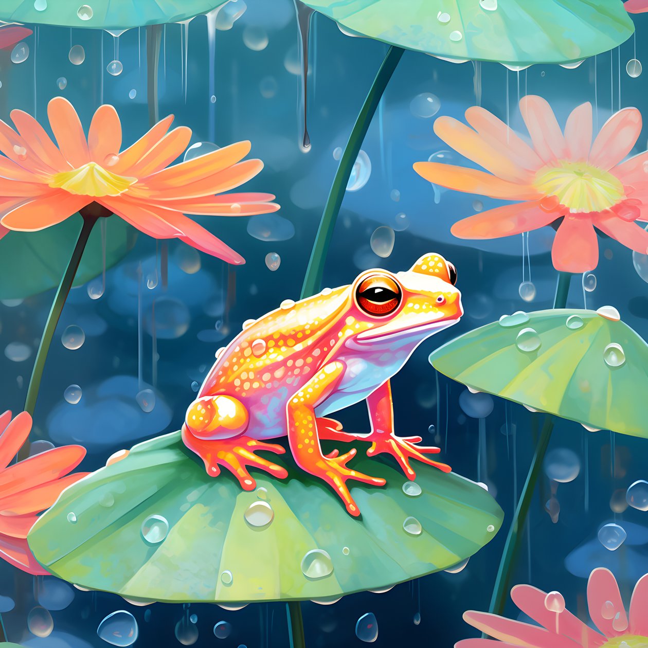 nahtloses Muster eines Gemäldes von hübschen orange und gelb Cartoon Fröschen sitzen auf den Lilien Laub auf dem Wasser regen aus Aquarell von Kurt Heppke