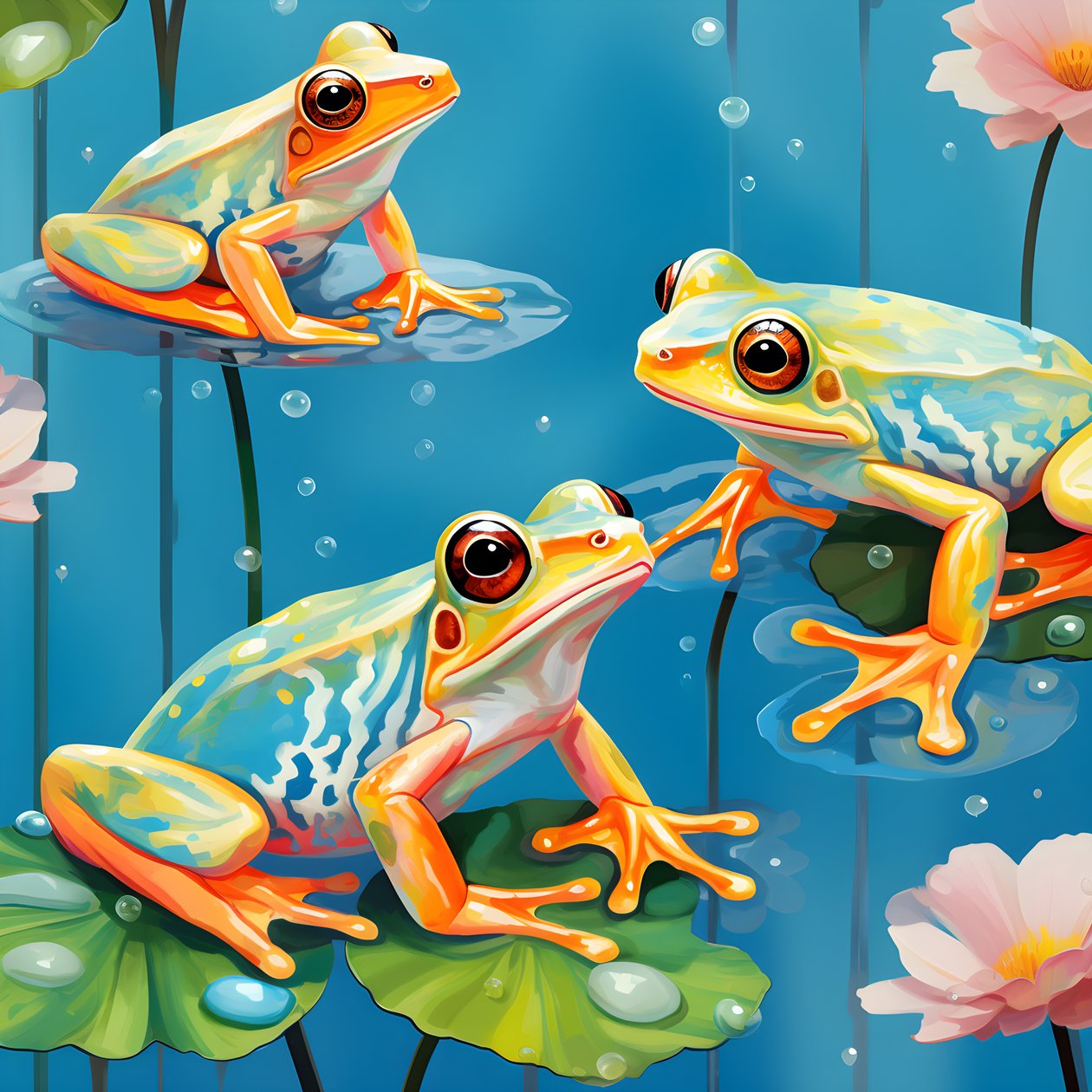 nahtloses Muster eines Gemäldes von hübschen orange und gelb Cartoon Fröschen sitzen auf den Lilien Laub auf dem Wasser regen aus Aquarell von Kurt Heppke