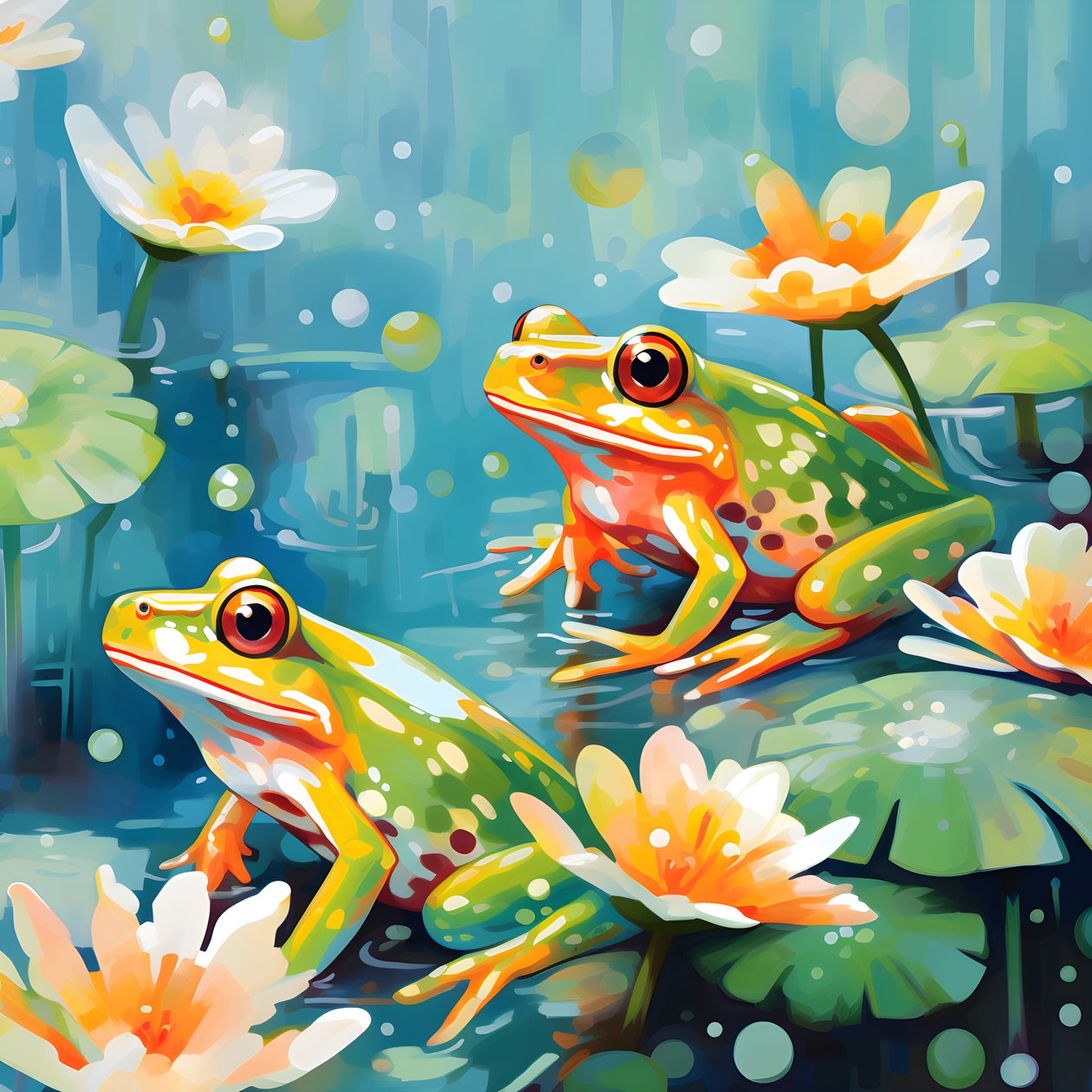 nahtloses Muster eines Gemäldes von hübschen orange und gelb Cartoon Fröschen sitzen auf den Lilien Laub auf dem Wasser regen aus Aquarell von Kurt Heppke