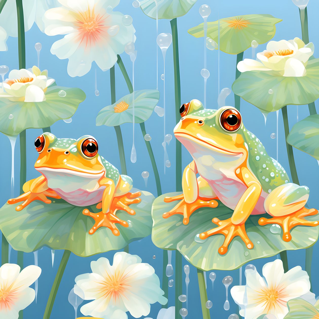 nahtloses Muster eines Gemäldes von hübschen orange und gelb Cartoon Fröschen sitzen auf den Lilien Laub auf dem Wasser regen aus Aquarell von Kurt Heppke