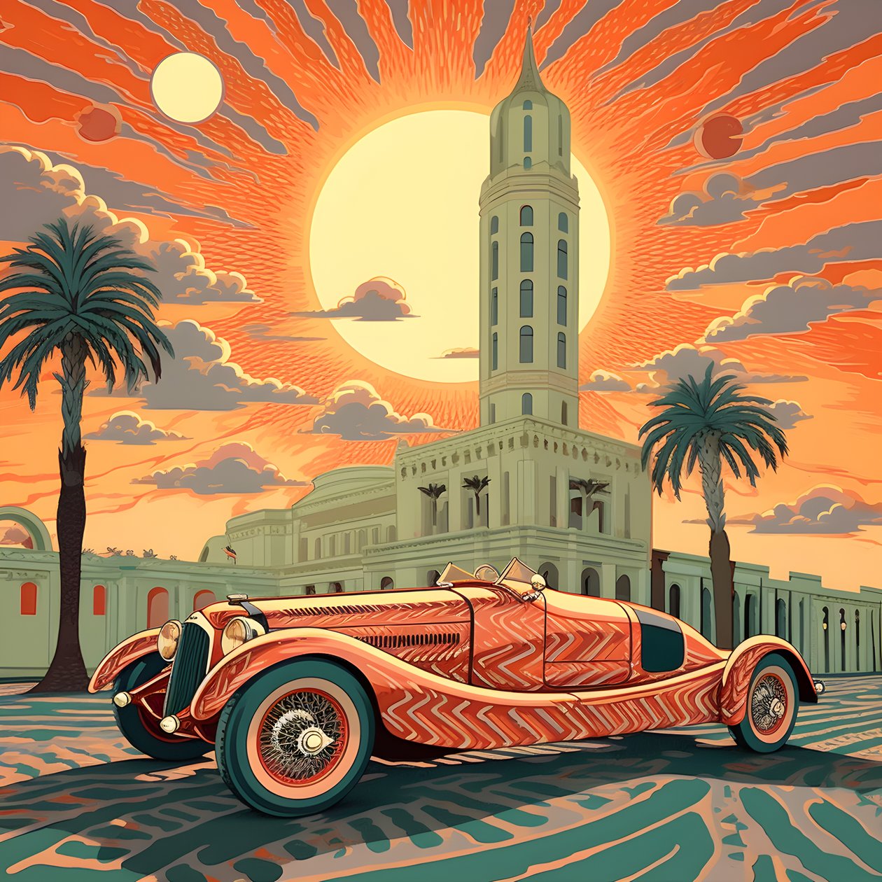 Schönes, elegantes, minimalistisches, gestepptes Meisterwerk im künstlerischen Stil von Shepard Fairey zum Gedenken an den Grand Prix von Monaco 1940, historische Rennwagen, die gegeneinander antreten 2 von Kurt Heppke