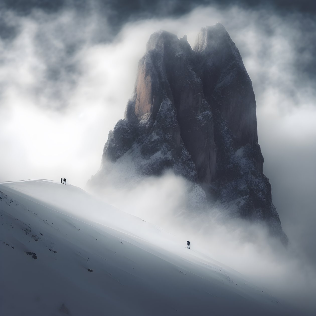 Zwei Menschen beim Skifahren über einem wolkenverhangenen Berg von Kurt Heppke