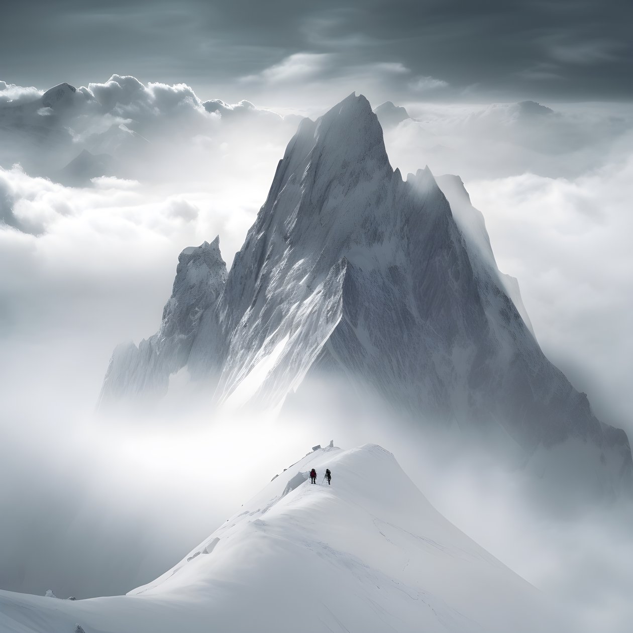 zwei Menschen beim Skifahren über einem wolkenverhangenen Berg von Kurt Heppke