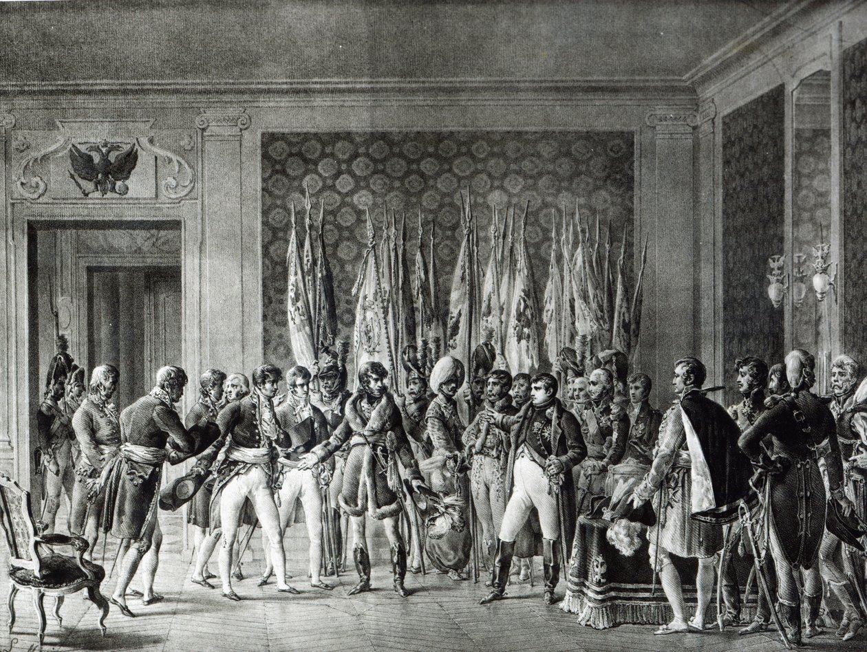 Napoleon übergibt die in Austerlitz 1805 gewonnenen Fahnen an die Bürgermeister von Paris, die ihn in Schönbrunn besuchen von L. Marin