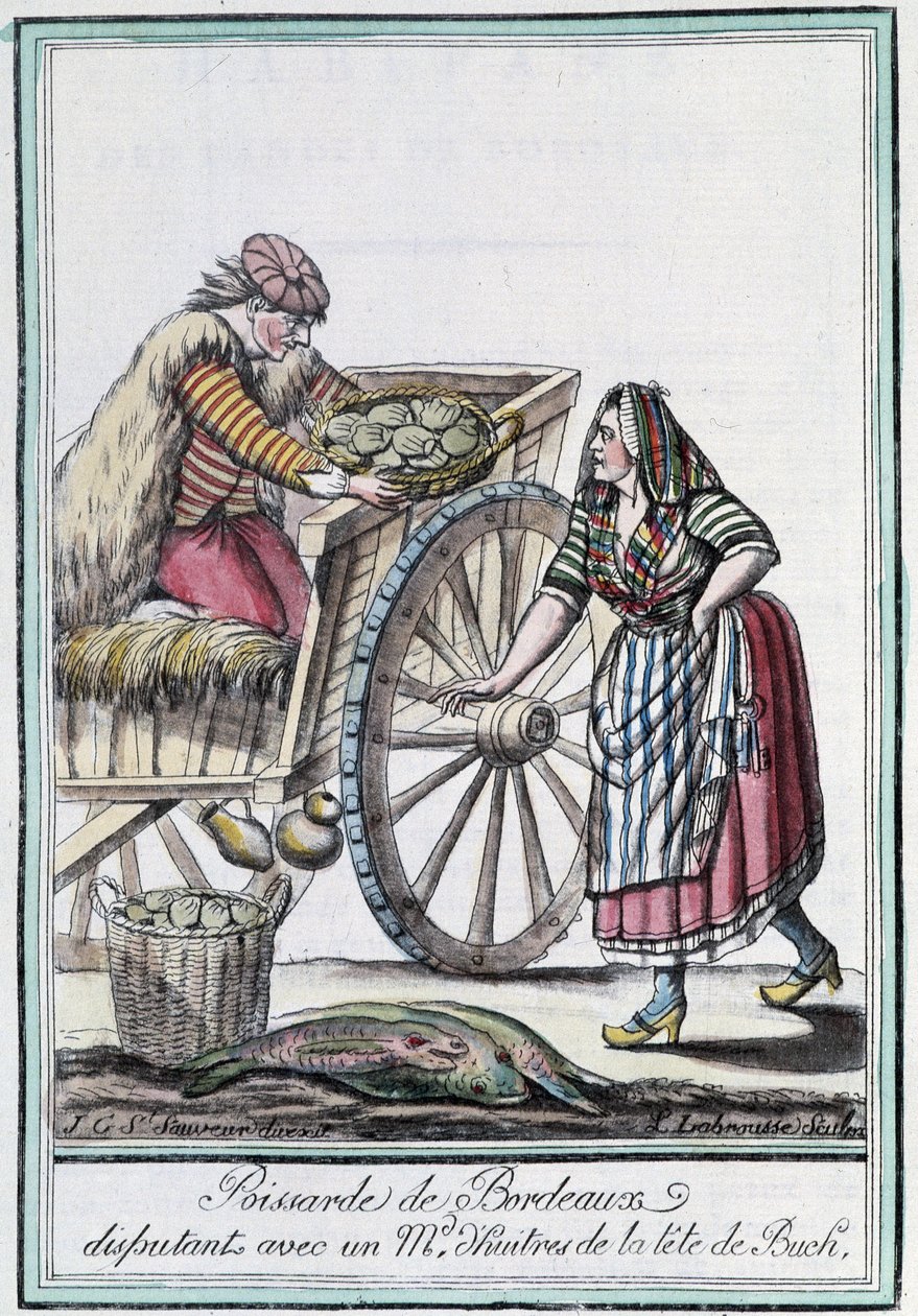 Fischhändlerin von Bordeaux streitet mit einem Austernhändler vom Kopf von Buch - in „Encyclopedia of travels“ von J. Grasset St Sauveur, Deron, Paris von L.F. Labrousse