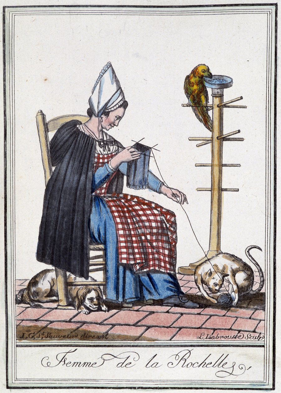Frau von La Rochelle strickt mit einem Hund, einem Papagei und einer Katze, die mit dem Wollknäuel spielen von L.F. Labrousse
