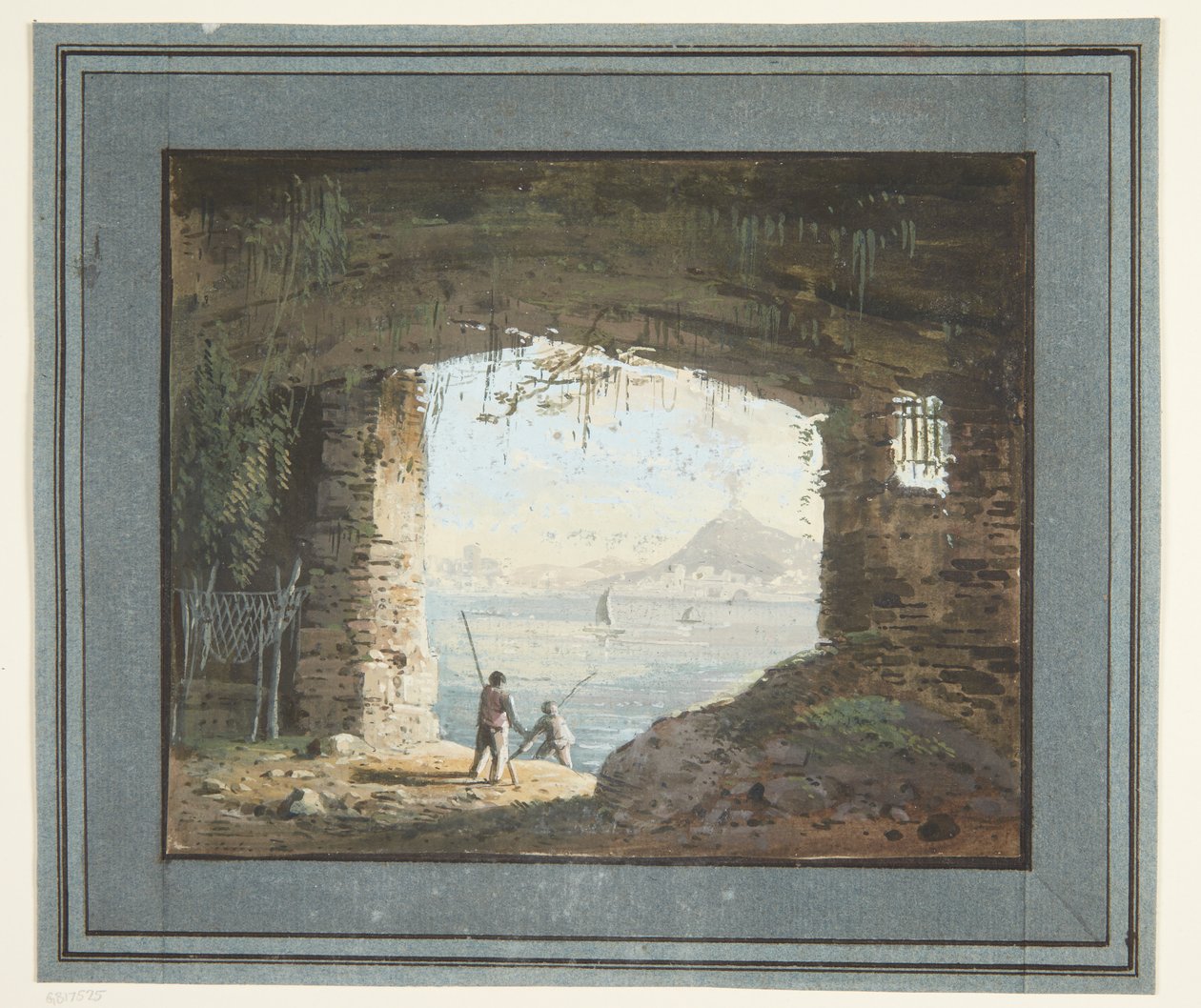 Aussicht von Ruine über Meeresbucht mit Vulkan von L. Chipart