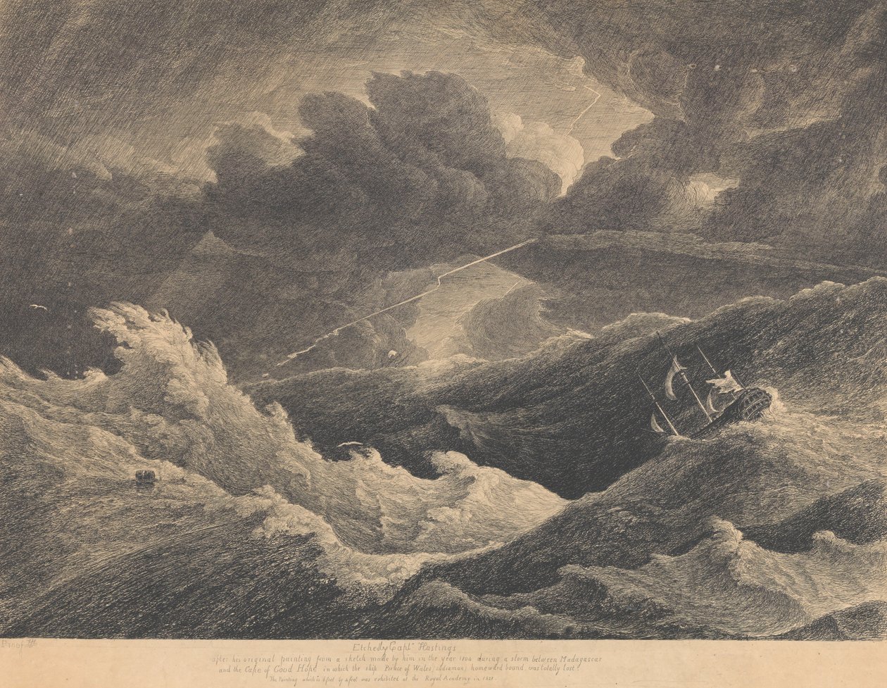 Nach einer Skizze von 1804 während eines Sturms zwischen Madagaskar und dem Kap der Guten Hoffnung, bei dem das Indiaman-Schiff 