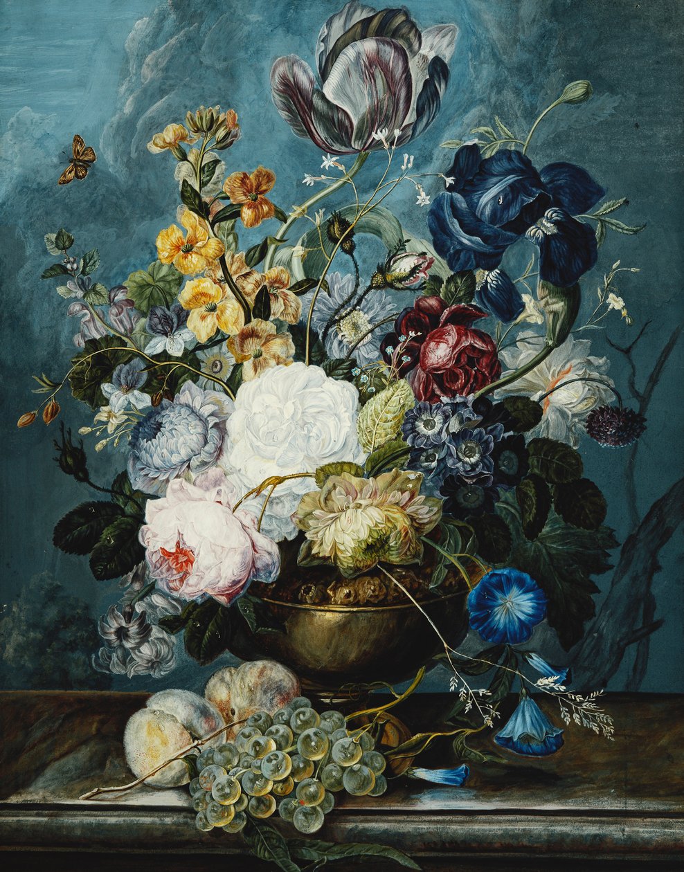 Rosen, eine Tulpe, eine Iris, Dahlien, Lamium, Vergissmeinnicht, Winde, Aurikel und Rittersporn in einer Vase mit Trauben und Pfirsichen auf einem Steinsims von Ladislaus Tumal