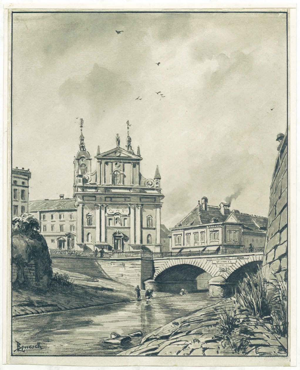 Blick auf Ljubljanica, Francov Brücke und Franziskanerkirche in Ljubljana von Ladislav Benesch