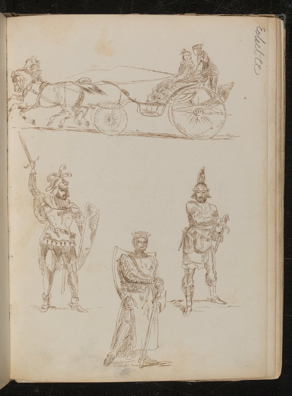 Studie einer von Pferden gezogenen Kutsche mit drei Insassen, drei Studien von griechisch-römischen Kriegern mit Waffen und Schilden (Feder und Tinte) von Lady  Butler