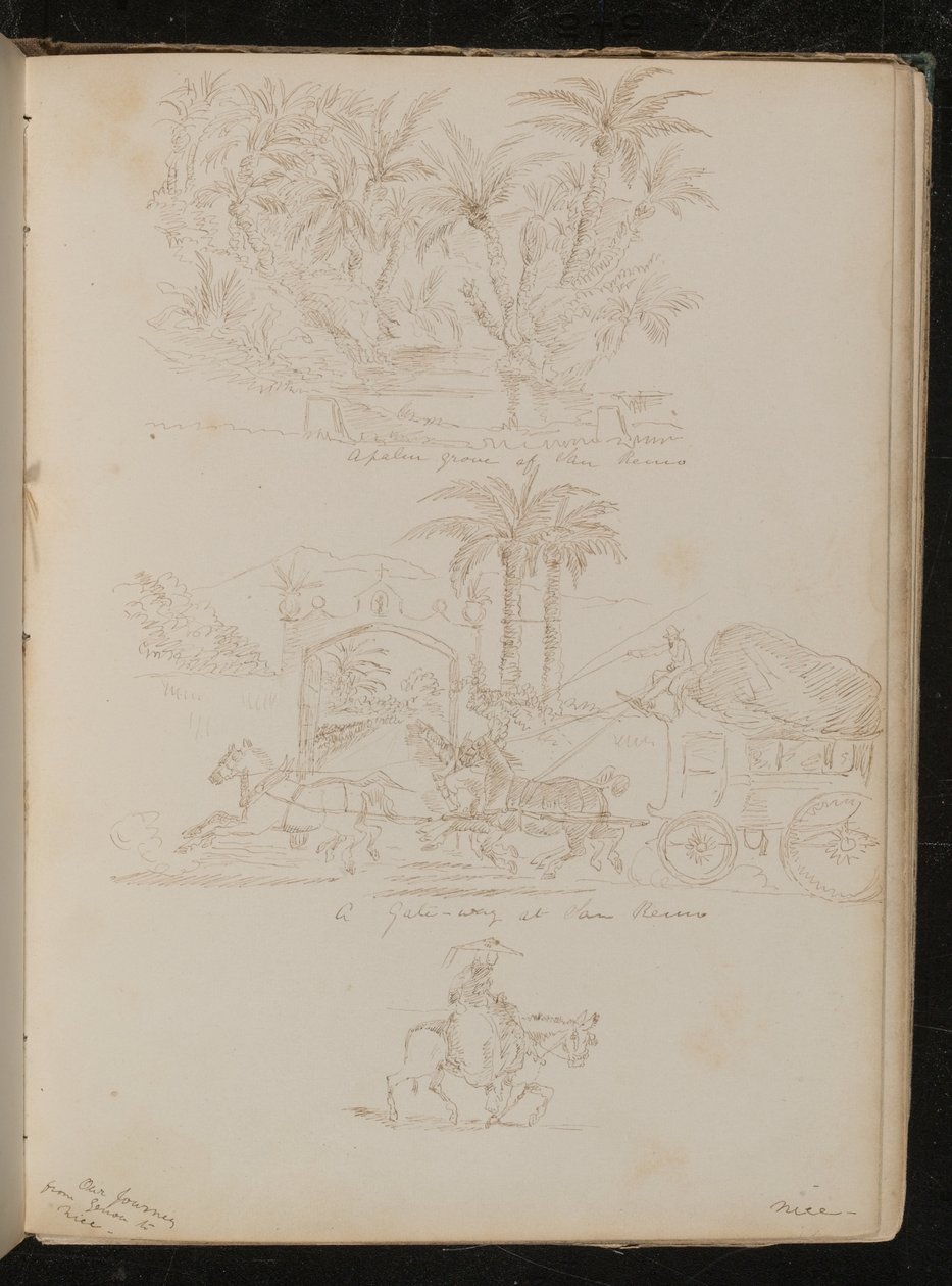 Ein Palmengarten in San Remo, eine Pferdekutsche vor einem Tor in San Remo, eine weibliche Figur zu Pferd von Lady Butler