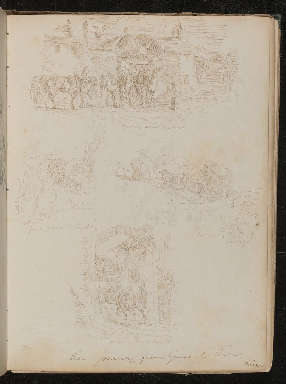 "Pferdewechsel bei Nacht", "hinunter nach Lagoletto", "aufsteigend zur Turbia" und "durch ein Dorf hindurch" von Lady Butler