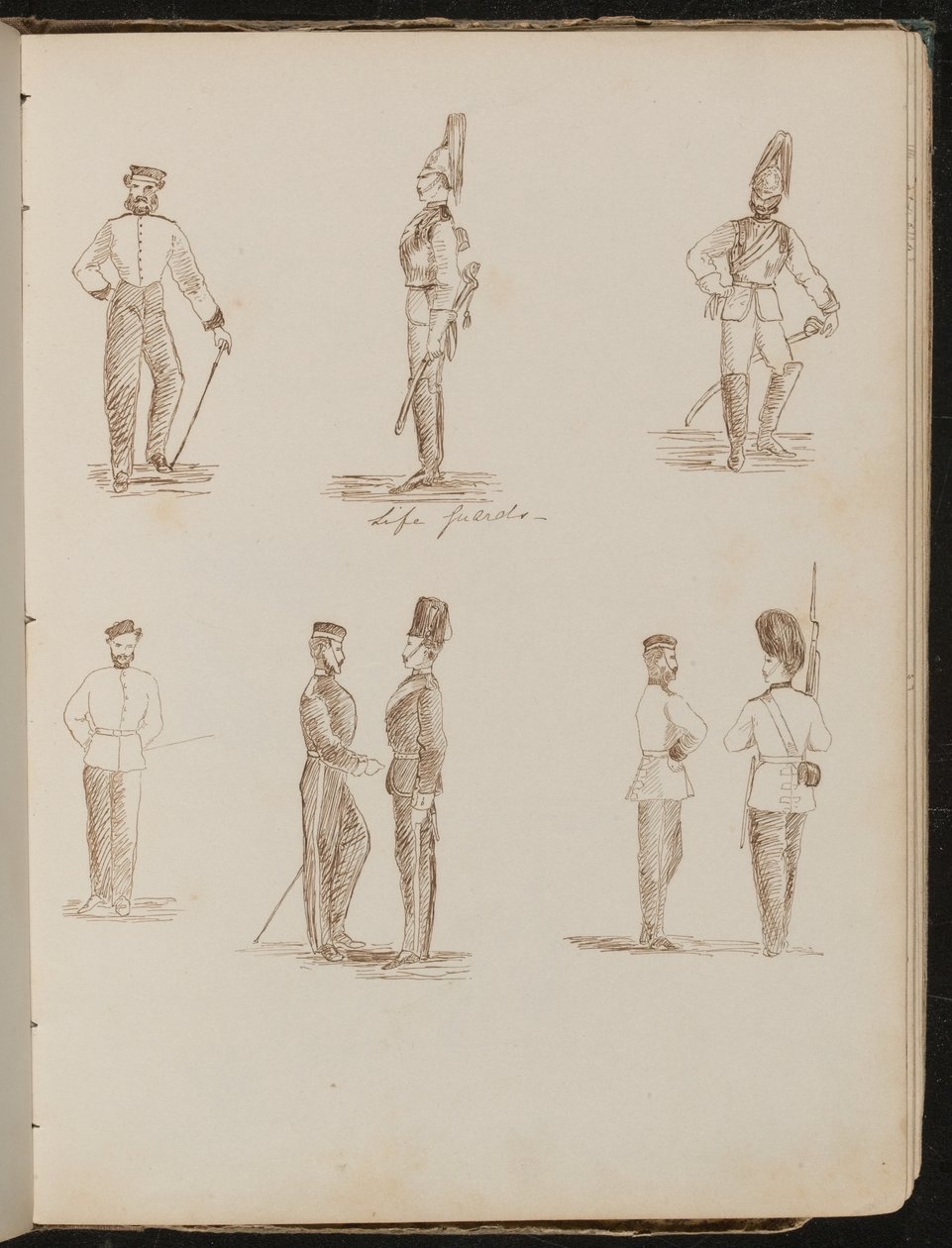 Acht Studien von stehenden Soldaten in Uniform, beschriftet "Leibgarde" von Lady Butler