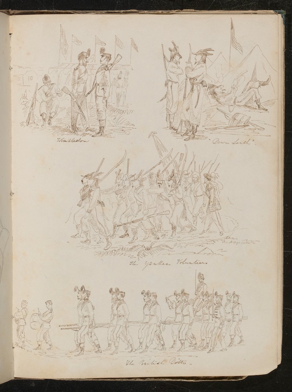 Vier Bataillonszenen mit der Inschrift "Wimbledon", "Down South", "The Yankee Volunteers", "The British Ditto" mit verschiedenen Soldatentypen von Lady Butler