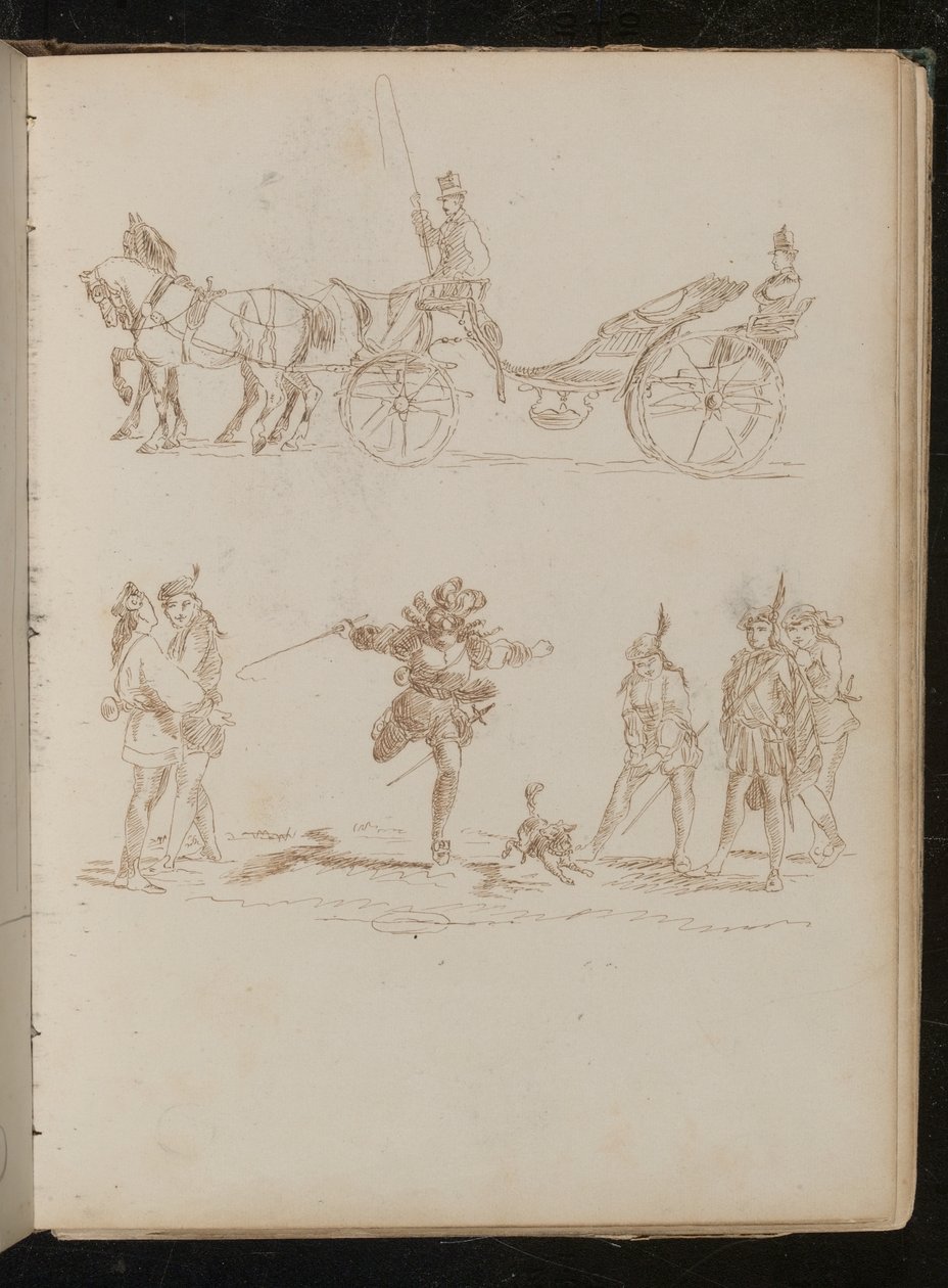 Offizier in voller Uniform mit Zylinder und Epauletten in einer pferdegezogenen Kutsche reitend, Studie von sechs mediterranen Soldaten und einem Hund von Lady Butler