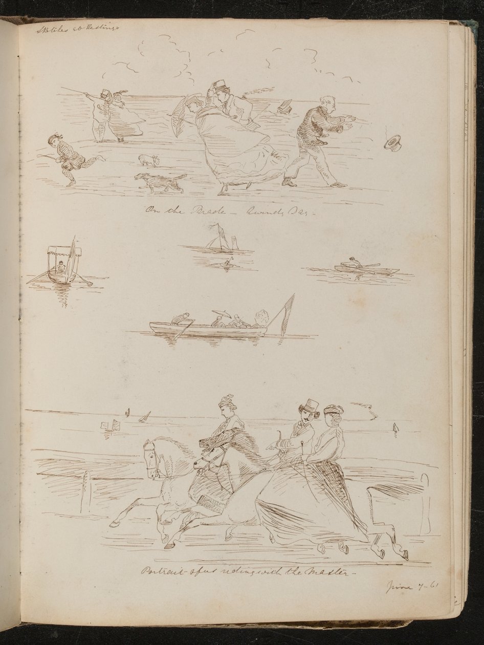 "Auf der Parade, ein windiger Tag", Boote mit Tagesausflüglern, Reiter auf Pferden mit der Inschrift "Reiten mit dem Meister" von Lady Butler