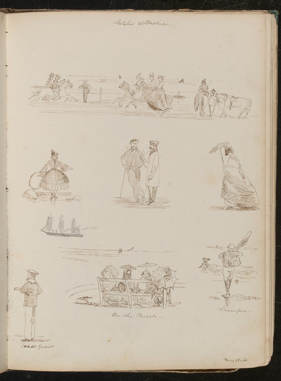 Studien von Männern und Frauen "Auf der Parade", ein Mann mit einem Netz beschriftet "Shrimper", ein Matrose beschriftet "Küstenwache", datiert "28. Mai 1861" von Lady Butler