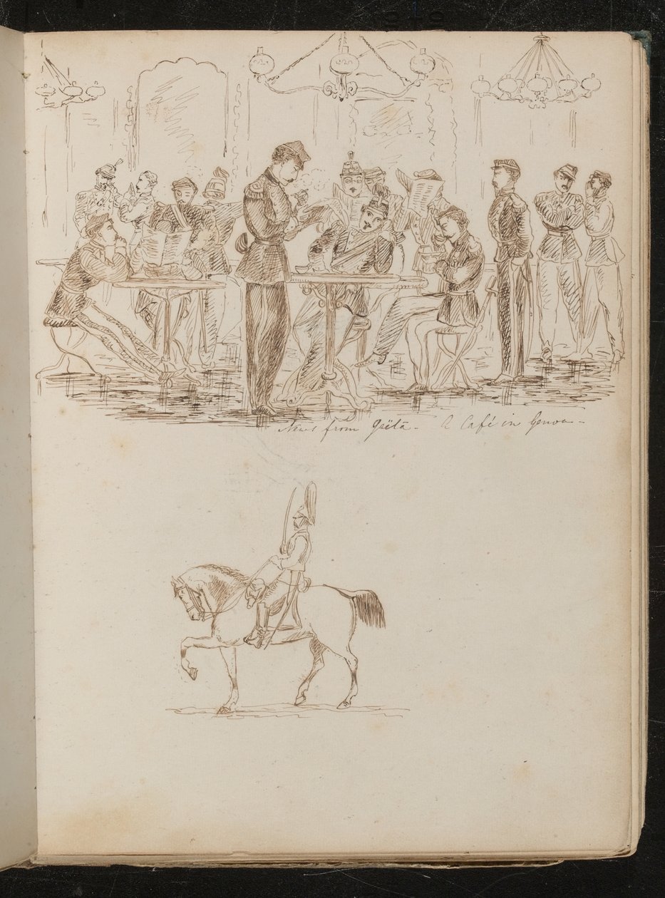 Studie einer Cafészene mit Soldaten, die Zeitungen lesen, mit der Inschrift "News from gaela - a café in Genoa" von Lady Butler