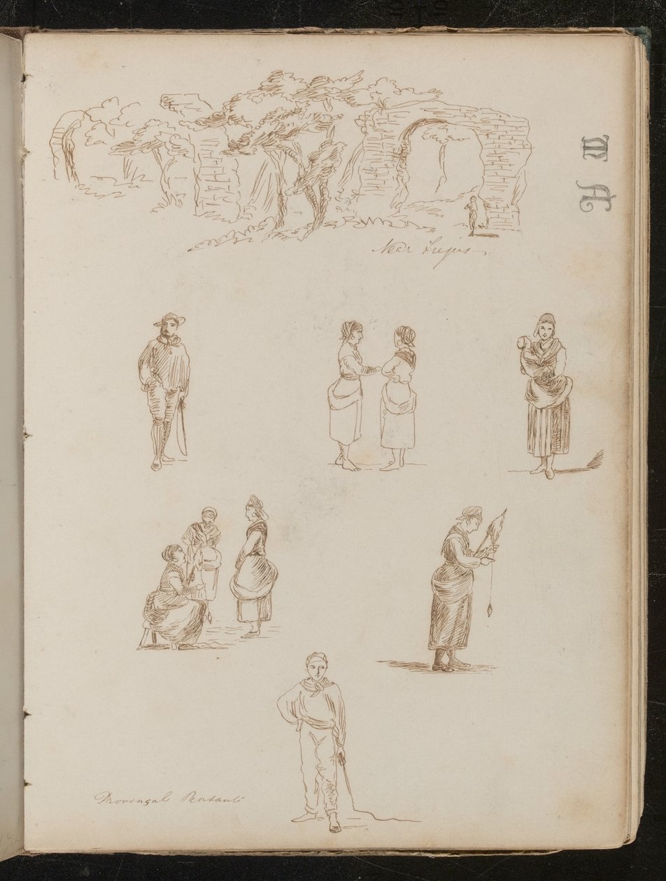 Studie einer Landschaft mit Bäumen und Ruinenbögen beschriftet "In der Nähe von Frejus", sechs Studien von Figuren beschriftet "Provenzalische Bauern" von Lady Butler