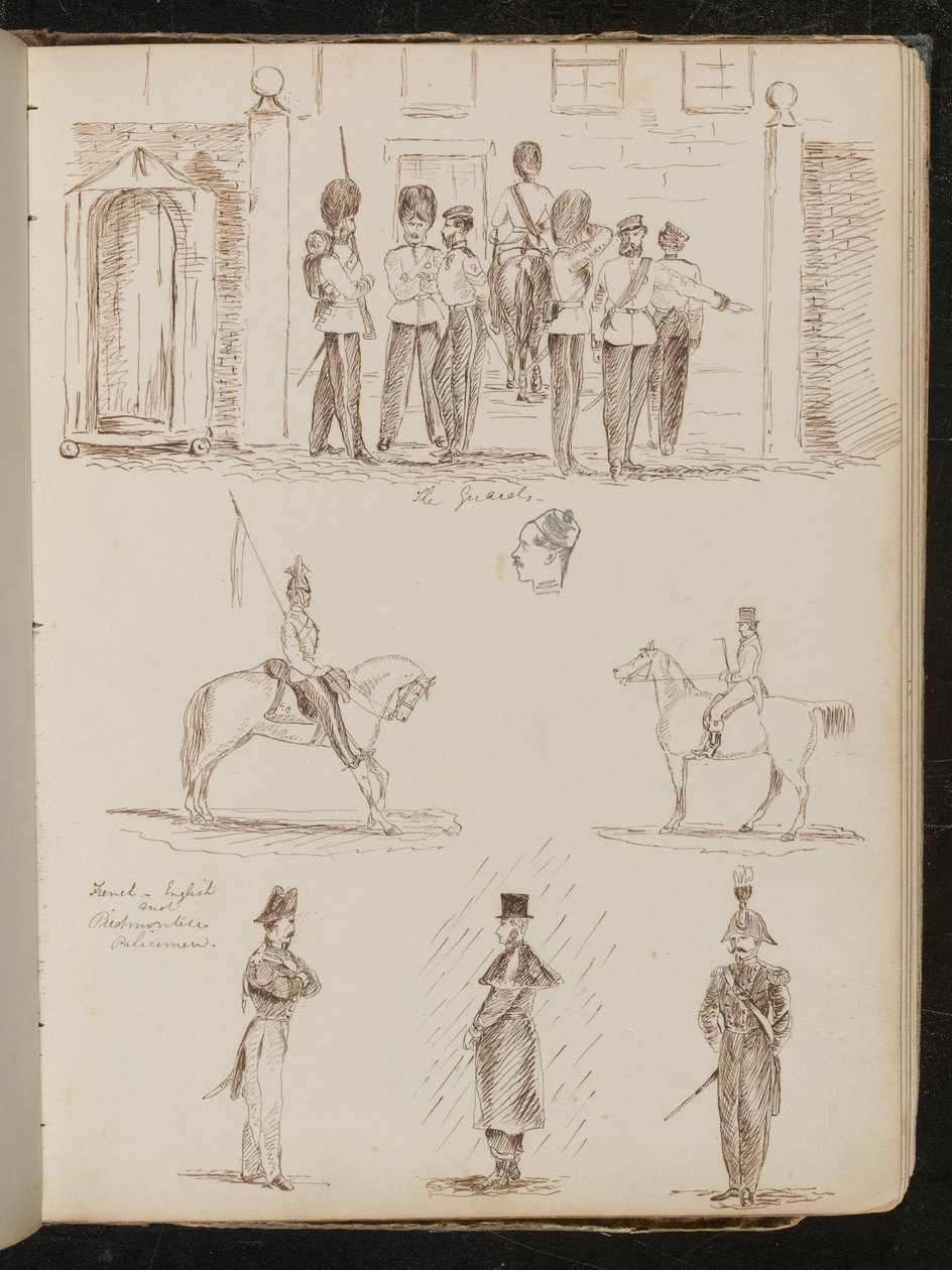 Studie der "Wachen", zwei Studien von Soldaten zu Pferd, drei Studien von französischen, englischen und piemontesischen Polizisten von Lady Butler