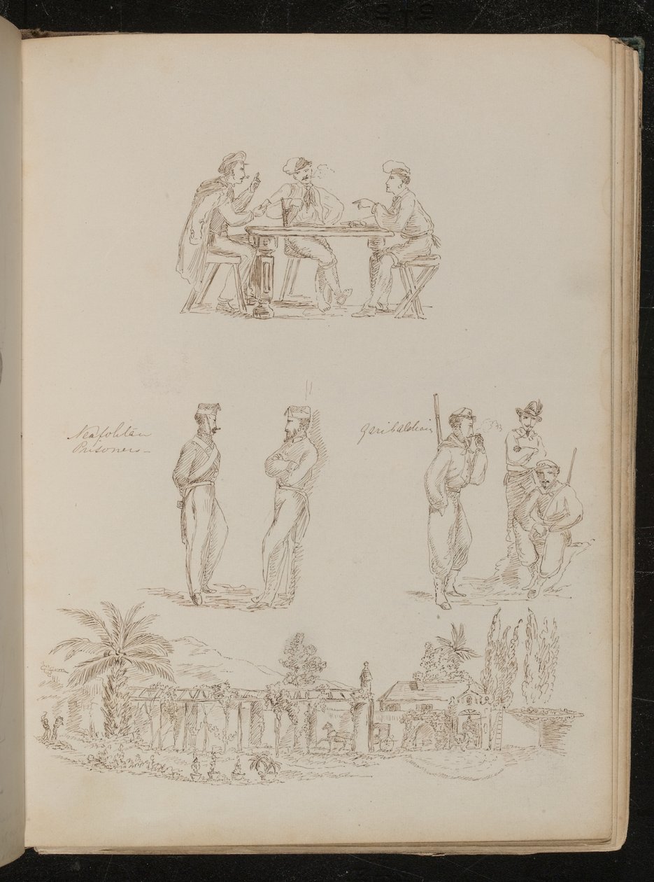 Drei Soldaten beim Kartenspielen, zwei "Neapolitanische Gefangene" im Gespräch, drei "Garibaldianer" in Ruhe und rauchend, eine genuesische Villa von Lady Butler