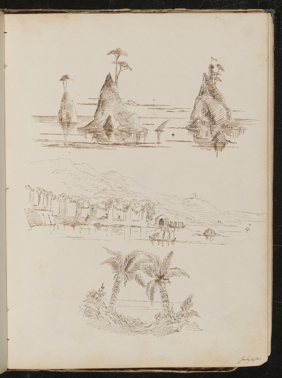 Drei Studien von felsigen Inseln, eine wässrige Landschaft mit Menschen und Booten und Palmen von Lady Butler