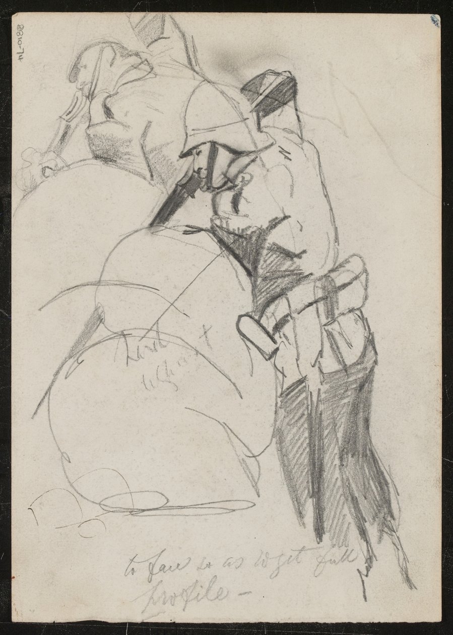 Zwei Soldaten, die über Sandsäcke nach unten schießen, beschriftet "um das volle Profil zu erhalten", 1879 von Lady Butler