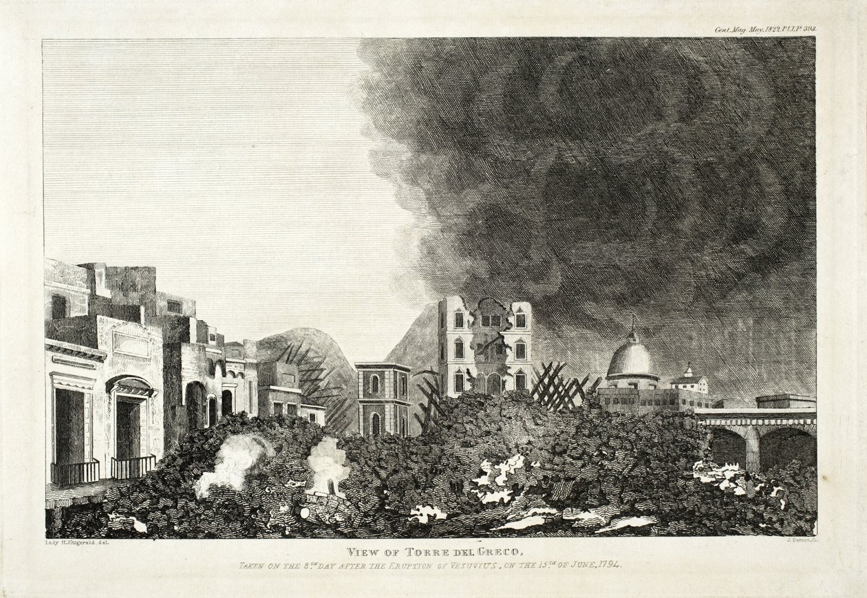 Ansicht von Torro del Greco: Aufgenommen am 8. Tag nach dem Ausbruch des Vesuvs, 15. Juni 1794, 1822 (Gravur & Radierung) von Lady H. Fitzgerald