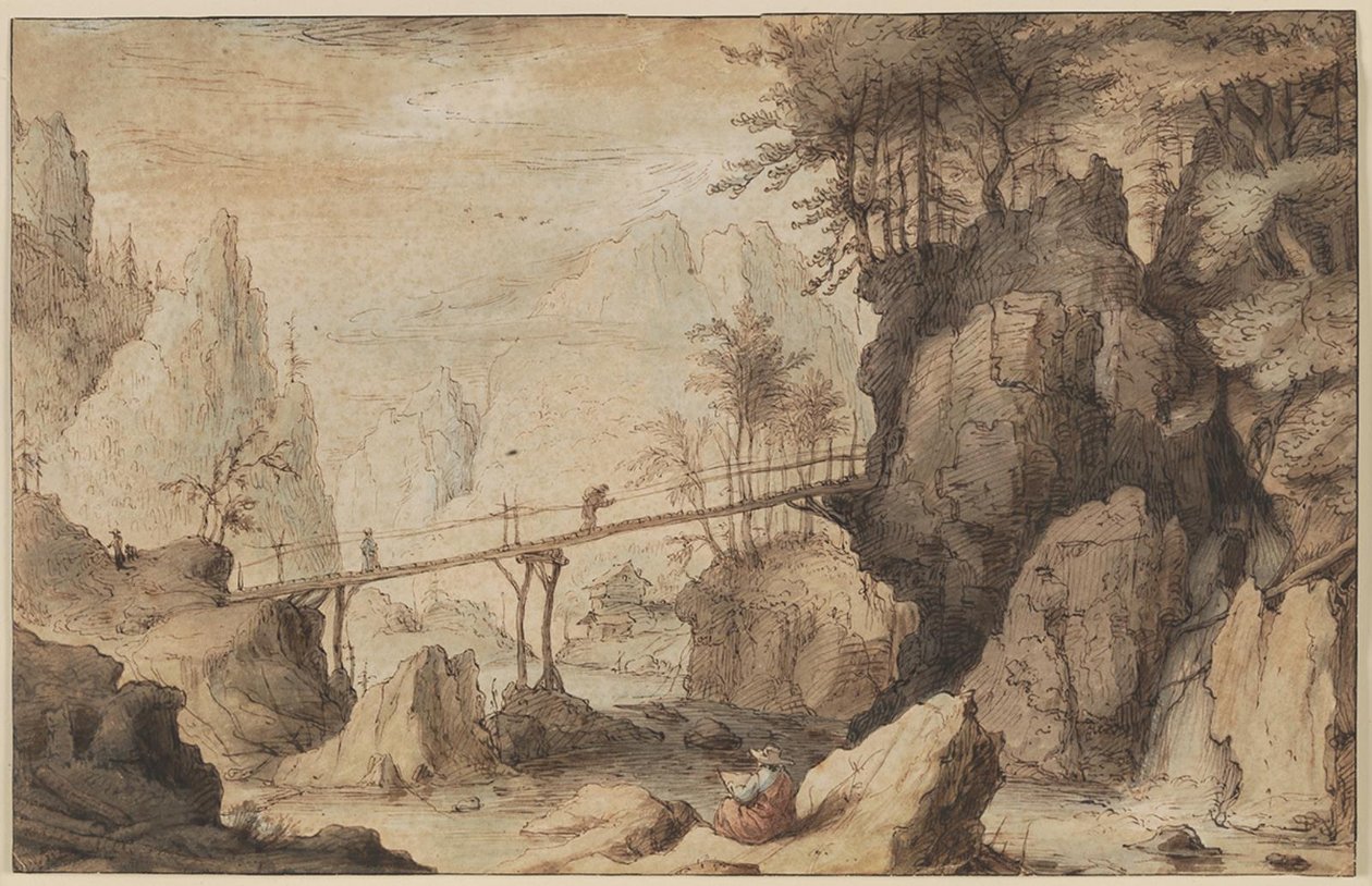 Zeichner auf einem Stein vor einer Brücke von Lambert Doomer