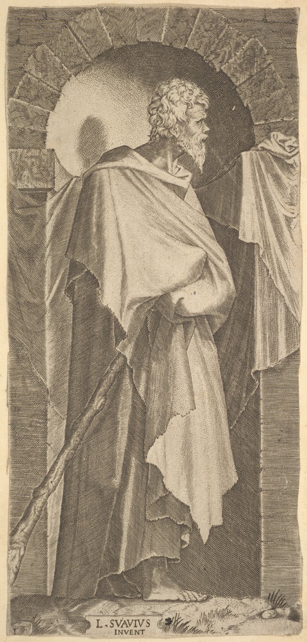 St. Jakobus Minor in einer bogenförmigen Nische, einen Wanderstock in den Händen haltend, 1545 von Lambert Suavius