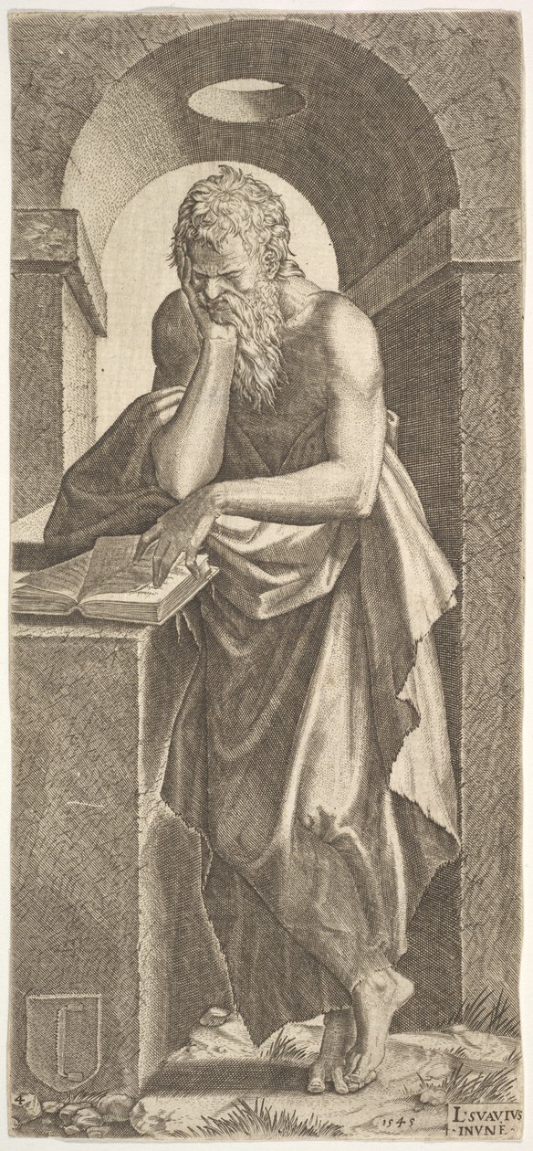 St. Simon vor einem offenen Buch mit den Fingern seiner linken Hand darauf von Lambert Suavius