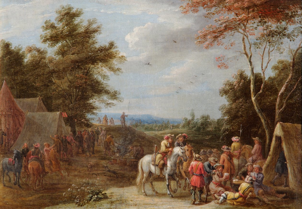 Ein Lager mit Soldaten, die Karten spielen, ca. 1660 von Lambert de Hondt