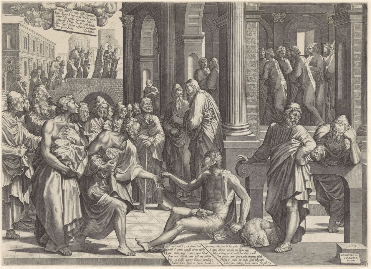 Petrus und Johannes heilen einen Krüppel am Tempeltor von Lambertus Suavius