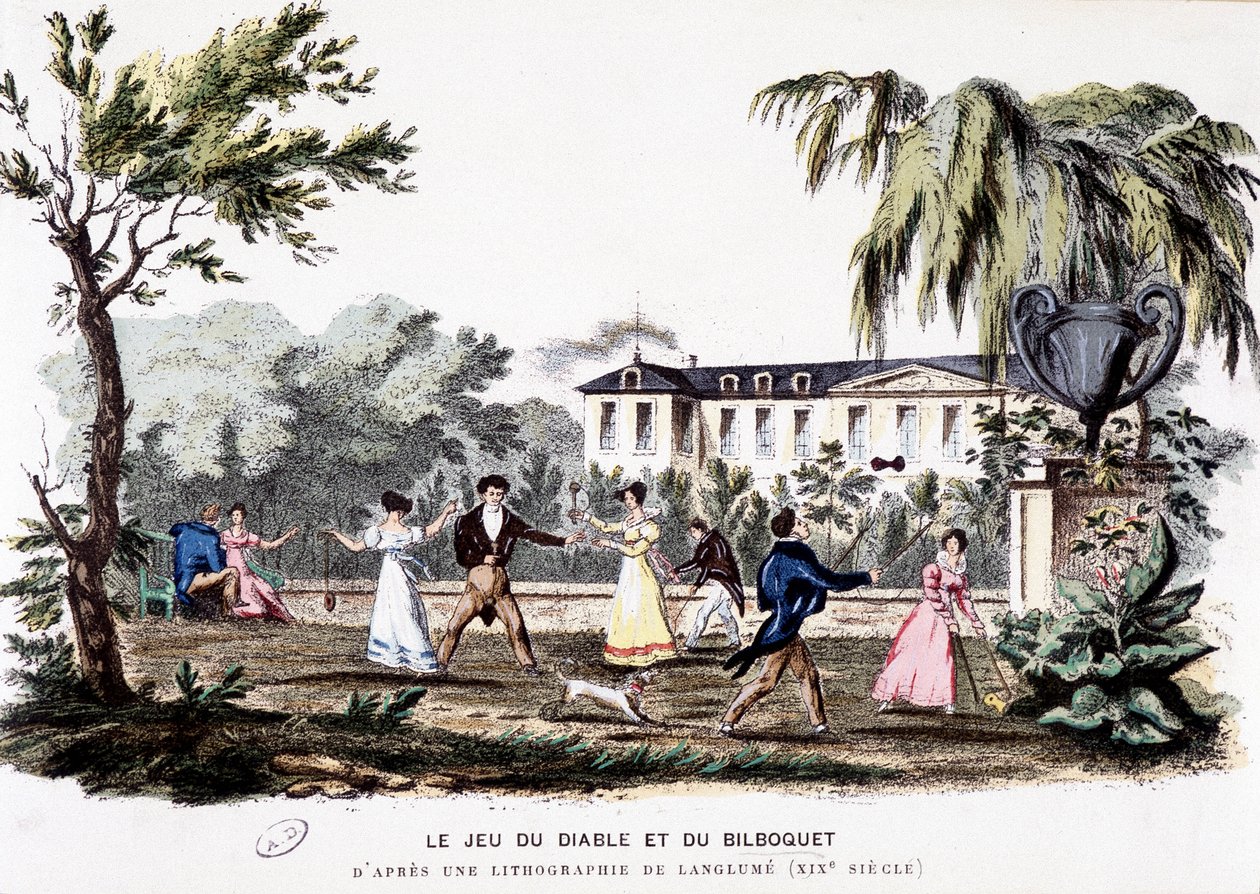 Alte Spiele: Das Spiel des Teufels (Diabolo) und das Bilboquet, basierend auf einer Lithographie von Langlumé von Langlume Langlume