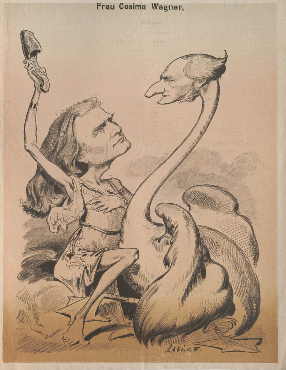 Richard Wagner als Schwan und Cosima Wagner als Leda, Titelblatt von Die Bombe, 1875 von Laszlo Frecskay
